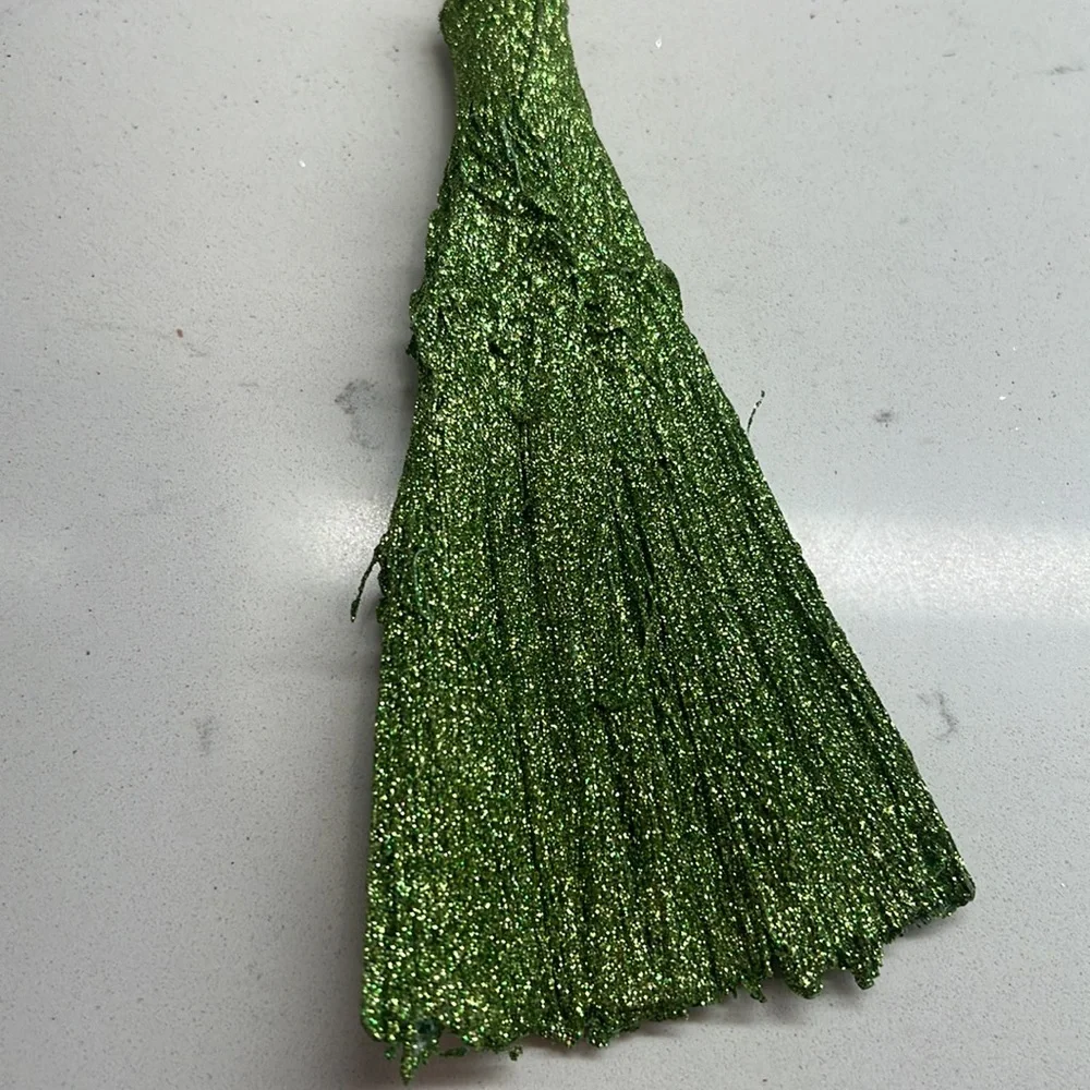 Glittery Witches Broom 11‎ inch Tabletop Halloween Decor Green and Silver